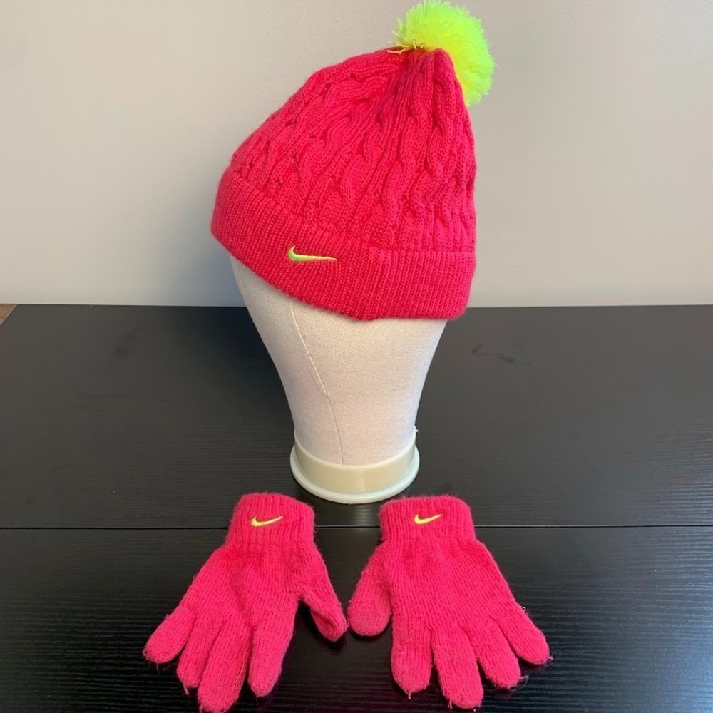 Nike Youth Swoosh Knit Pom‎ Beanie Hat & Gloves Set Neon Pink/Green Girls